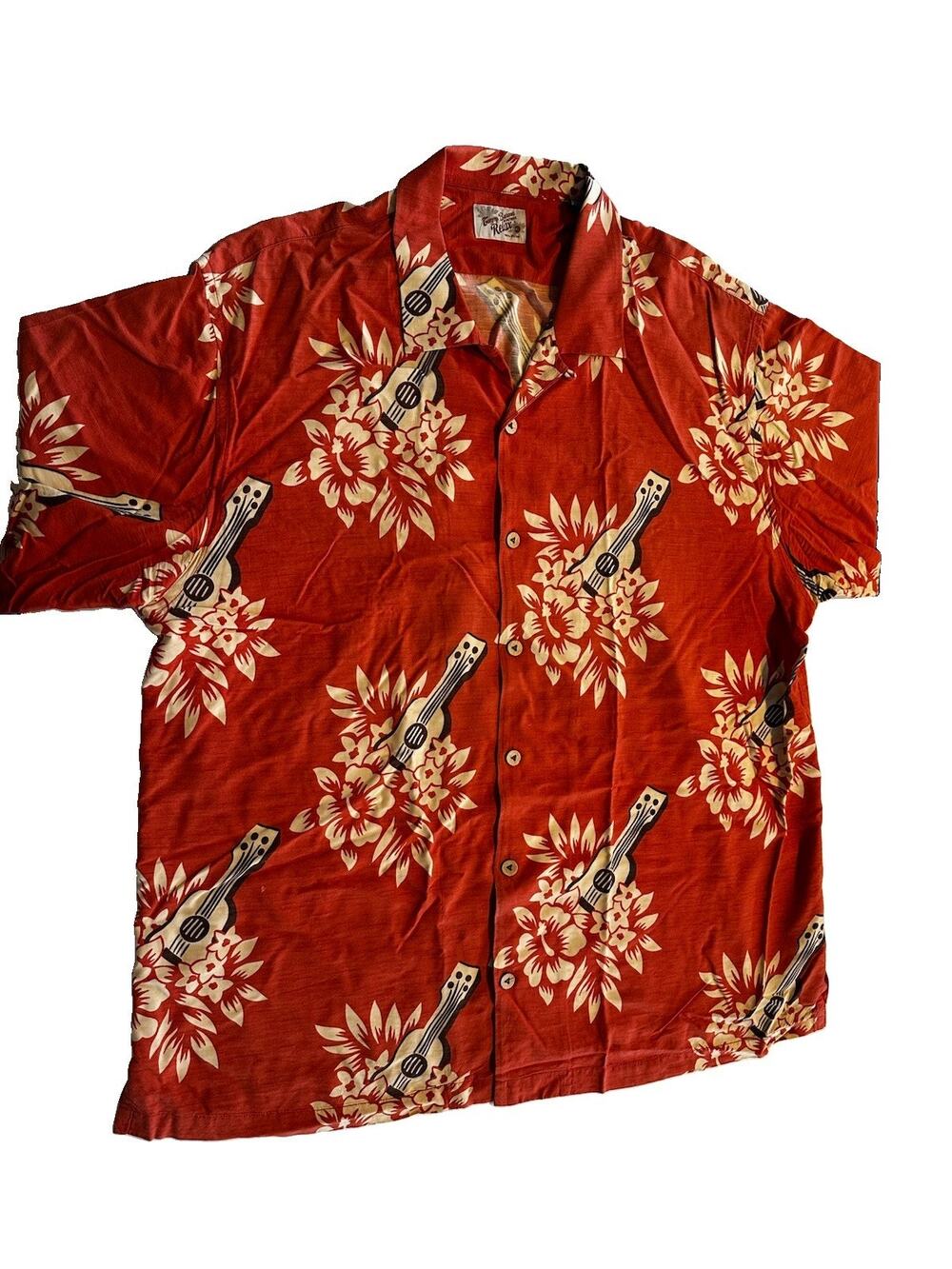 Tommy Bahama Silk Ukulele Guitar Floral Camp Shirt Loop Mens Pink Hawaiian Aloha